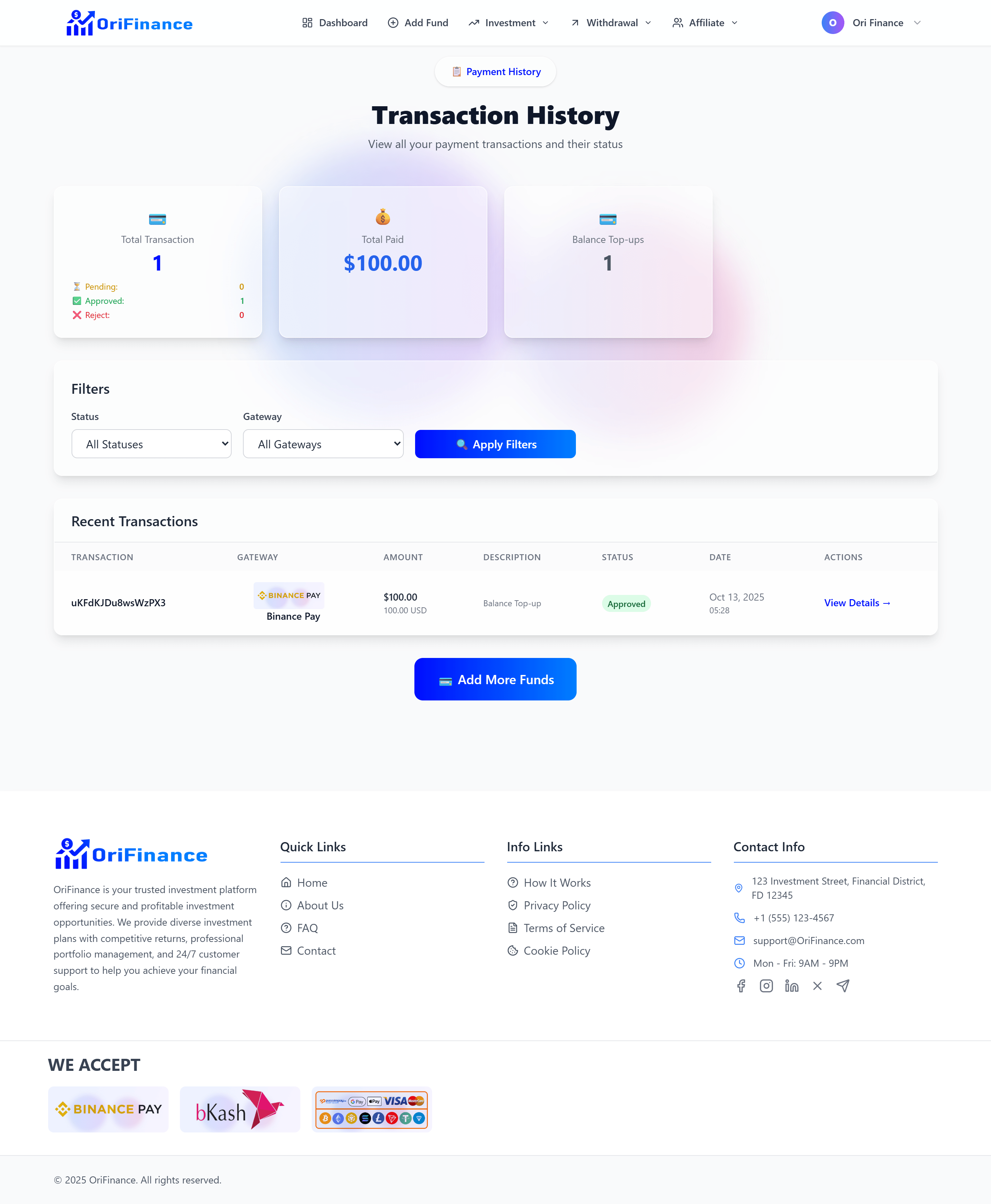 OriFinance – Laravel-Based Investment Platform with Affiliate & Variable  Profit System - Orisius Technology
